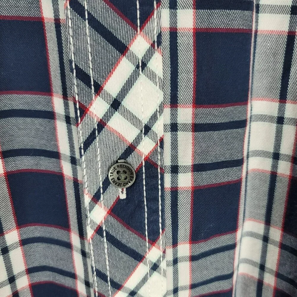 True Religion Plaid Western Shirt 3XL Blue Button Down Logo Pockets